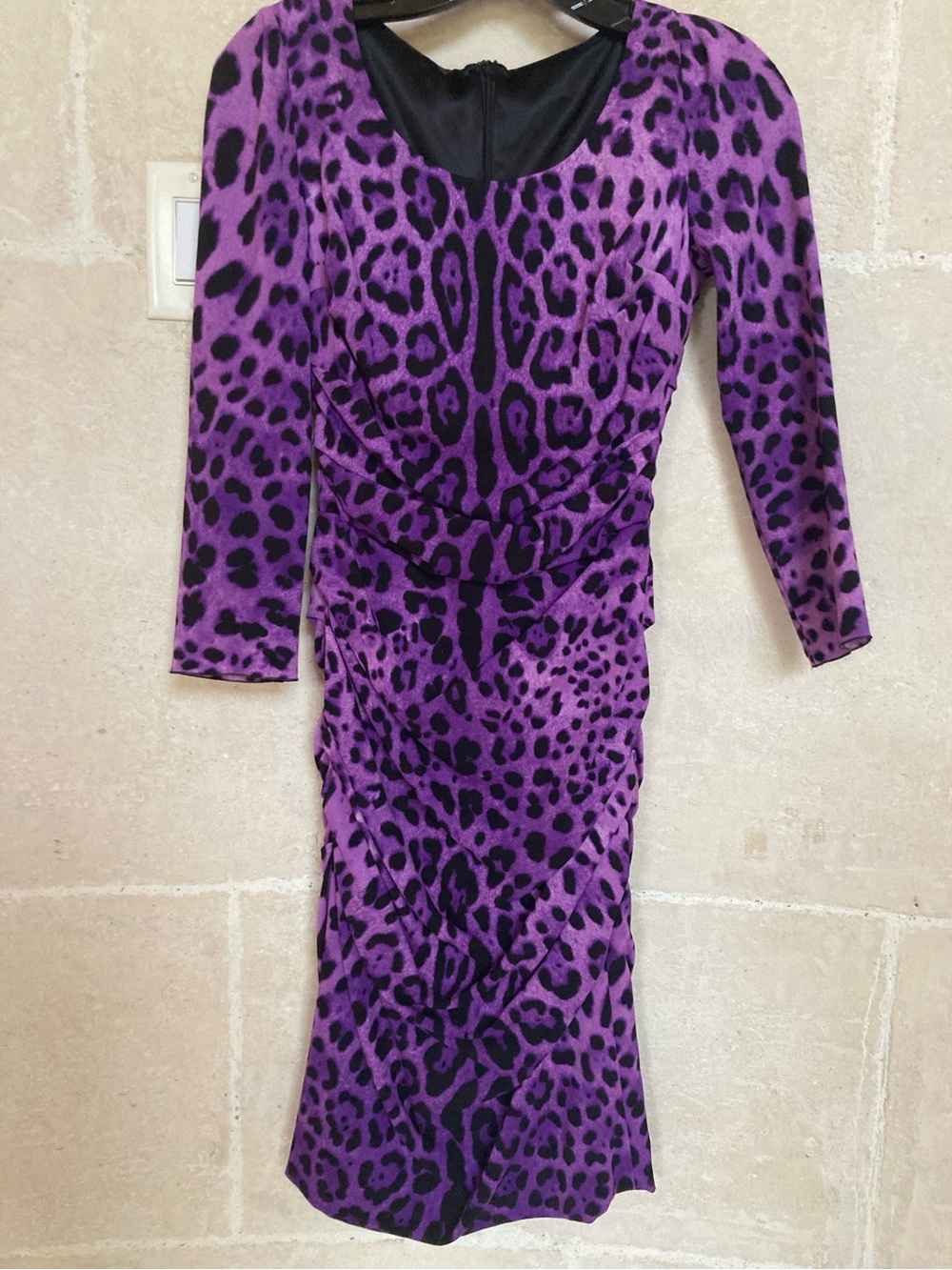 Dolce Gabbana Purple Leopard Print Long Sleeve Sheath Dress
